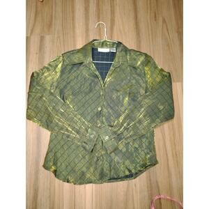 Womens Long Sleeve checkered Shirt shimmery Metalic gold and olive green ton M
